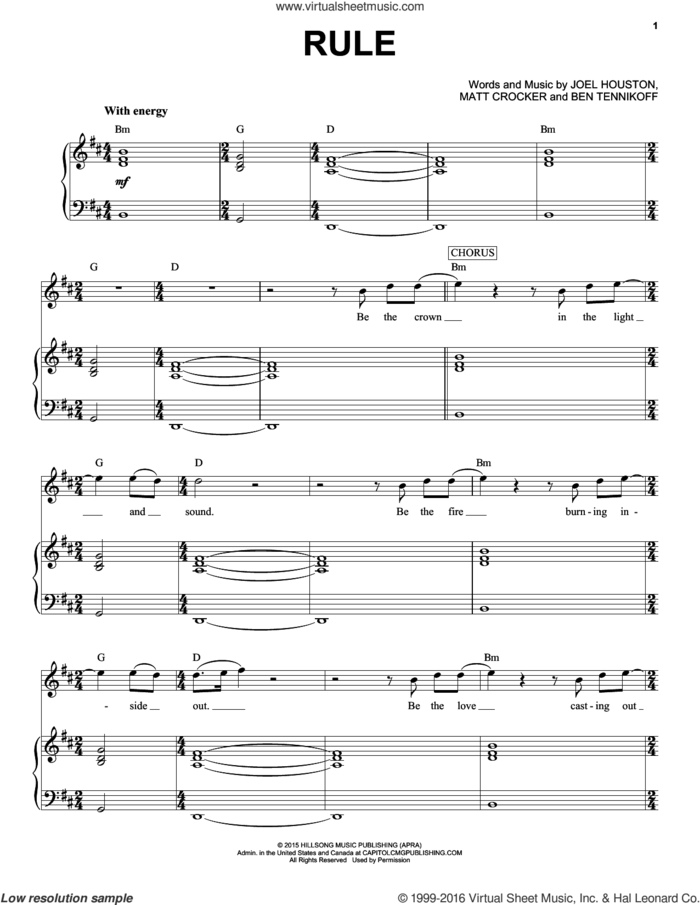 Rule sheet music for voice and piano by Hillsong United, Ben Tennikoff, Joel Houston and Matt Crocker, intermediate skill level