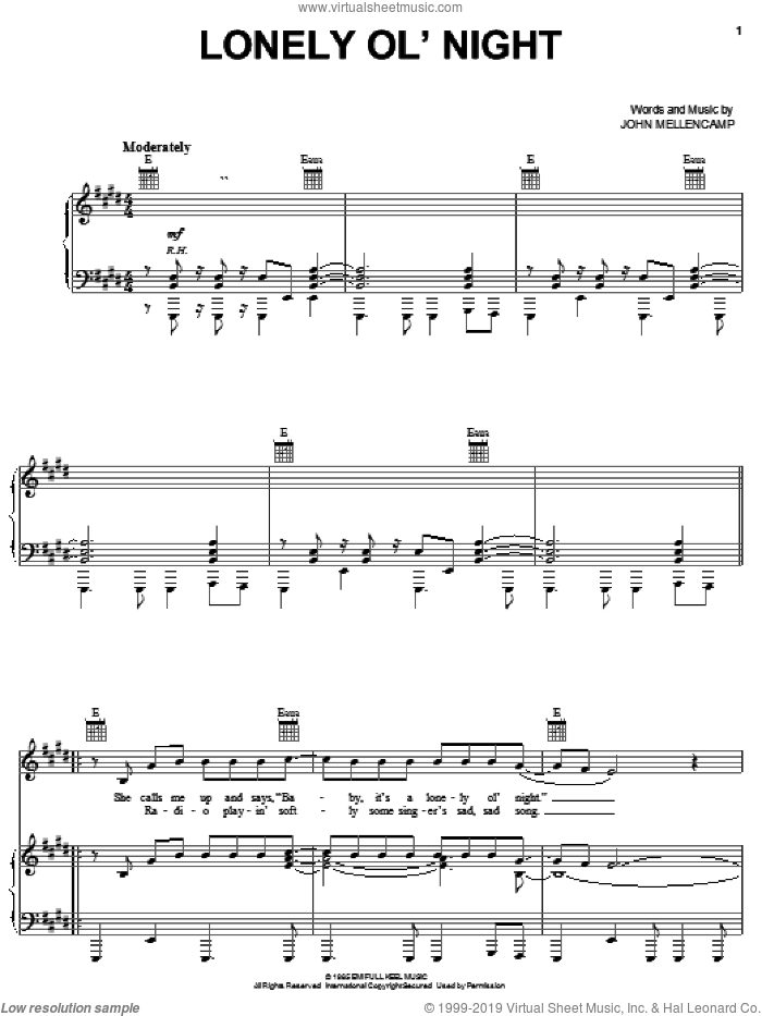 Lonely Ol' Night sheet music for voice, piano or guitar by John Mellencamp, intermediate skill level