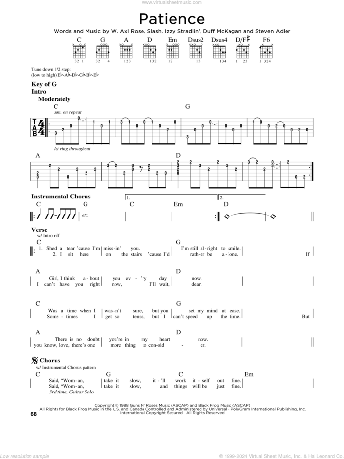 Patience sheet music for guitar solo (lead sheet) by Guns N' Roses, Axl Rose, Duff McKagan, Slash and Steven Adler, intermediate guitar (lead sheet)