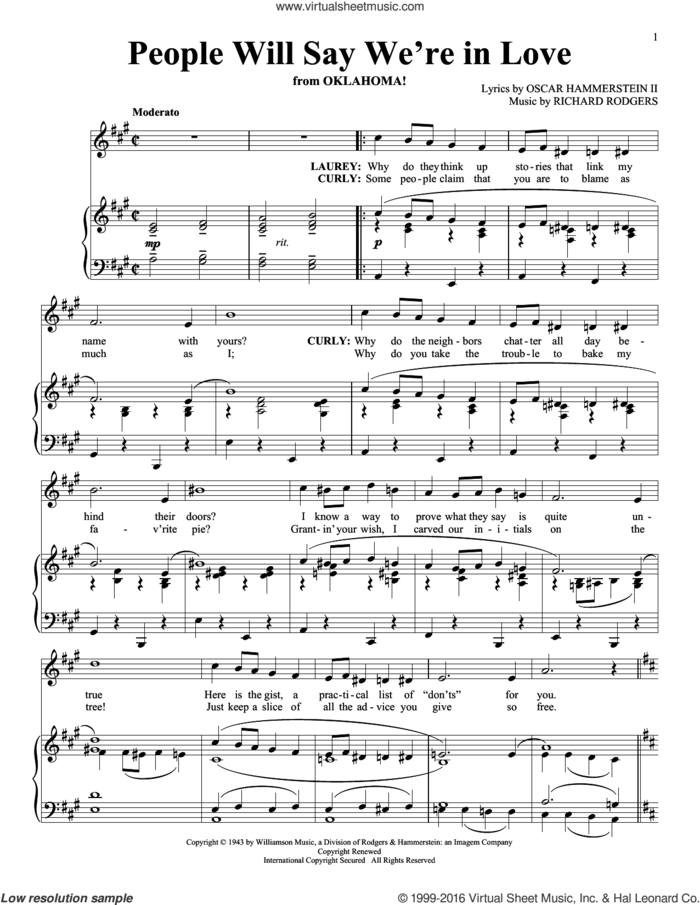 People Will Say We're In Love (from Oklahoma!) sheet music for voice and piano by Rodgers & Hammerstein, Oscar II Hammerstein and Richard Rodgers, intermediate skill level