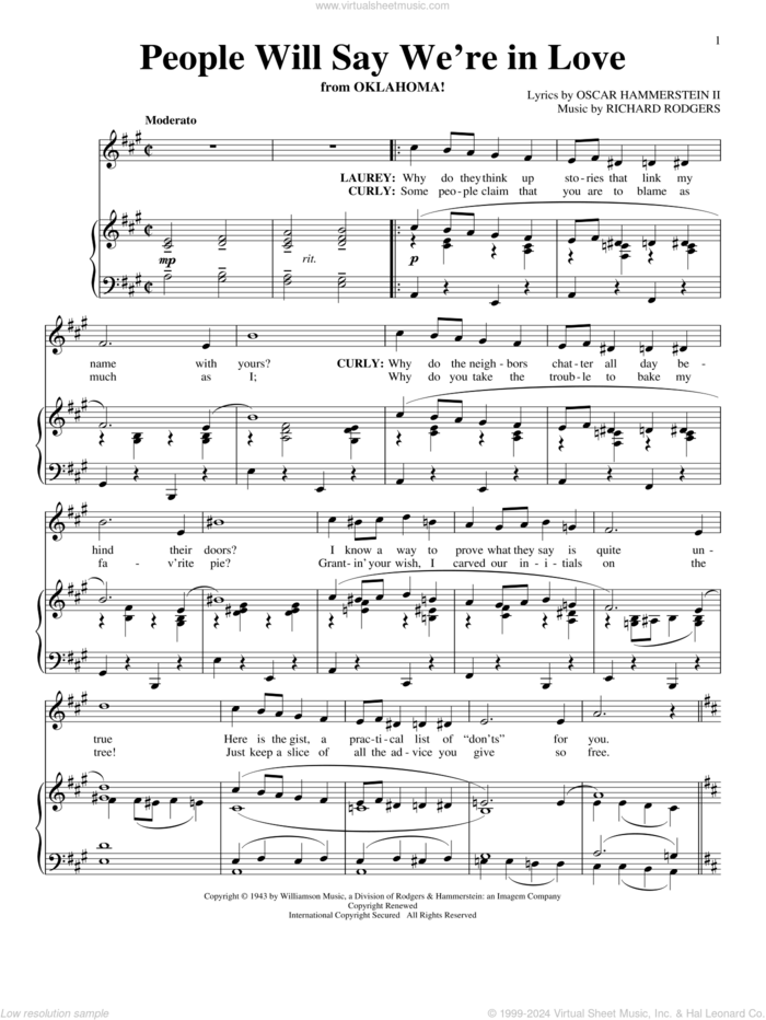 People Will Say We're In Love (from Oklahoma!) sheet music for voice and piano by Rodgers & Hammerstein, Oscar II Hammerstein and Richard Rodgers, intermediate skill level