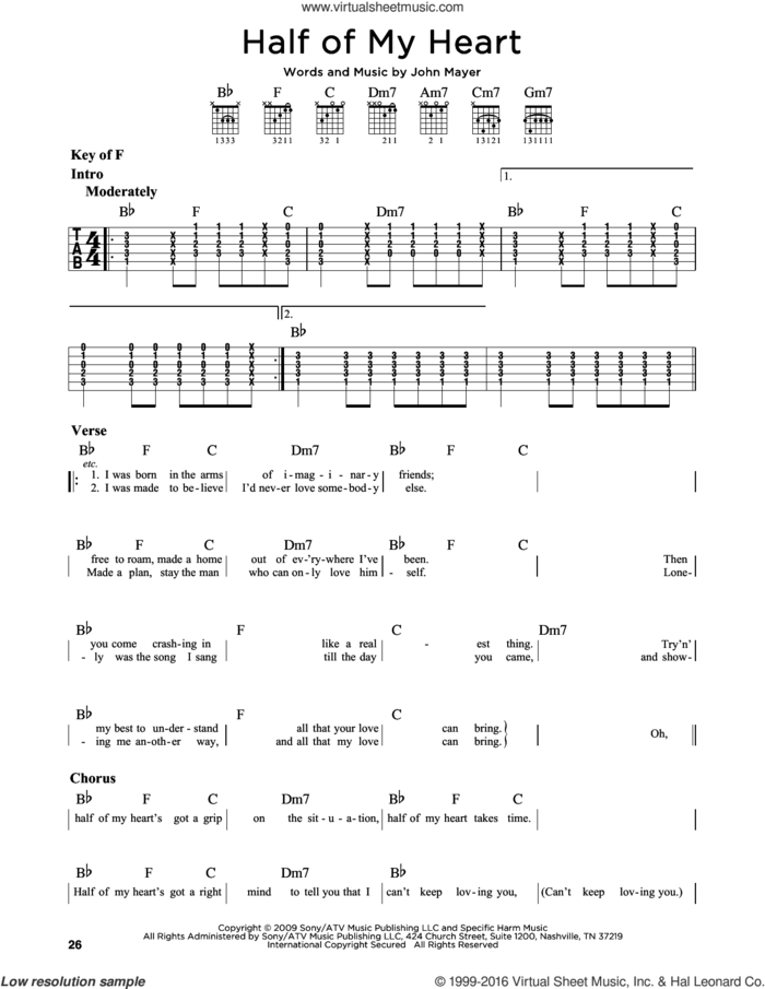 Half Of My Heart sheet music for guitar solo (lead sheet) by John Mayer featuring Taylor Swift and John Mayer, intermediate guitar (lead sheet)