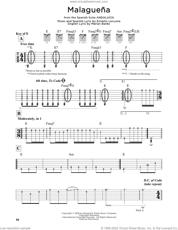 Malaguena sheet music for guitar solo (lead sheet) by Ernesto Lecuona and Marian Banks, intermediate guitar (lead sheet)