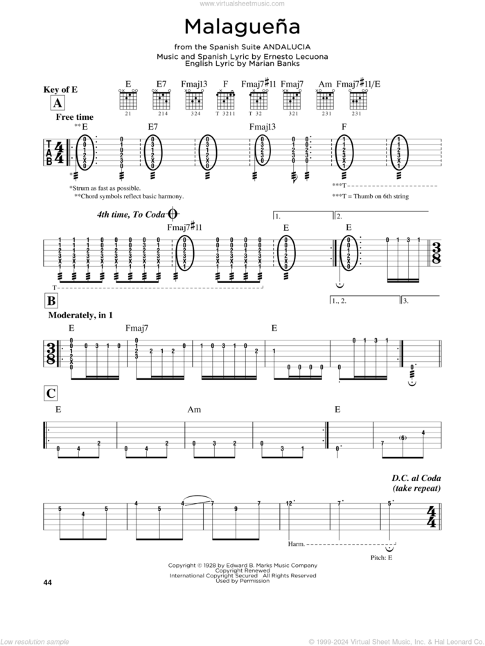 Malaguena sheet music for guitar solo (lead sheet) by Ernesto Lecuona and Marian Banks, intermediate guitar (lead sheet)