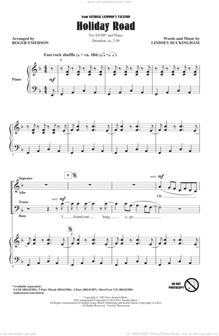 Holiday Road sheet music for choir (SATB: soprano, alto, tenor, bass) by Lindsey Buckingham and Roger Emerson, intermediate skill level