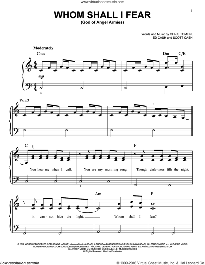 Whom Shall I Fear (God Of Angel Armies), (easy) sheet music for piano solo by Chris Tomlin, Ed Cash and Scott Cash, easy skill level