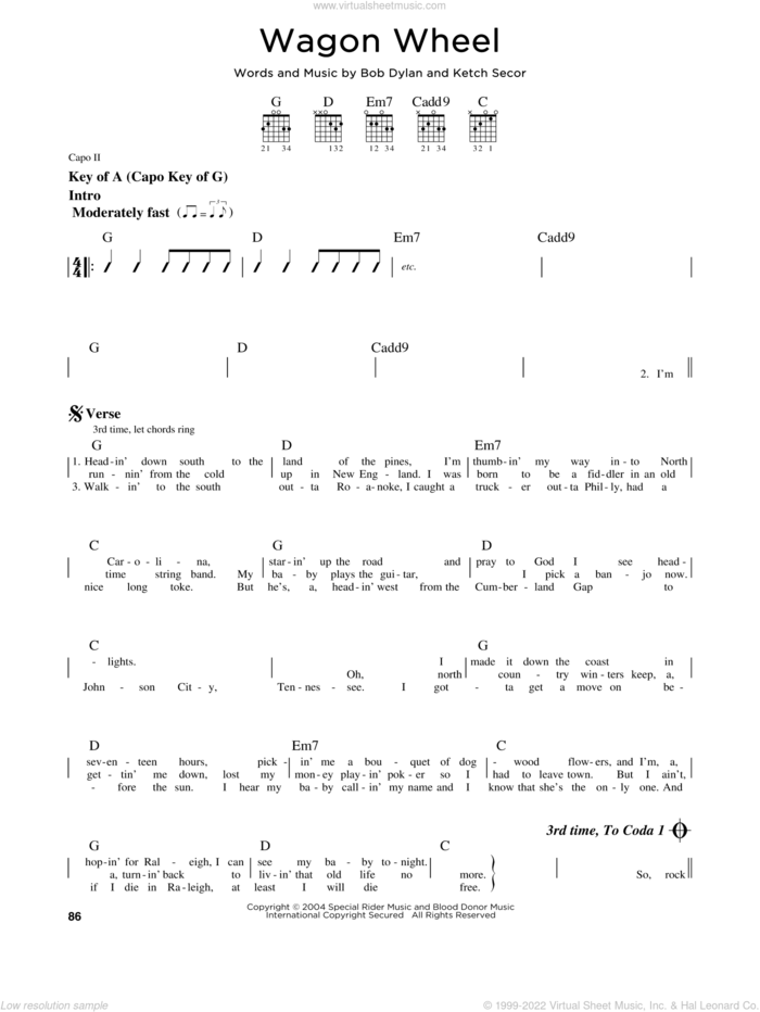 Wagon Wheel sheet music for guitar solo (lead sheet) by Old Crow Medicine Show, Boby Dylan, Darius Rucker and Ketch Secor, intermediate guitar (lead sheet)