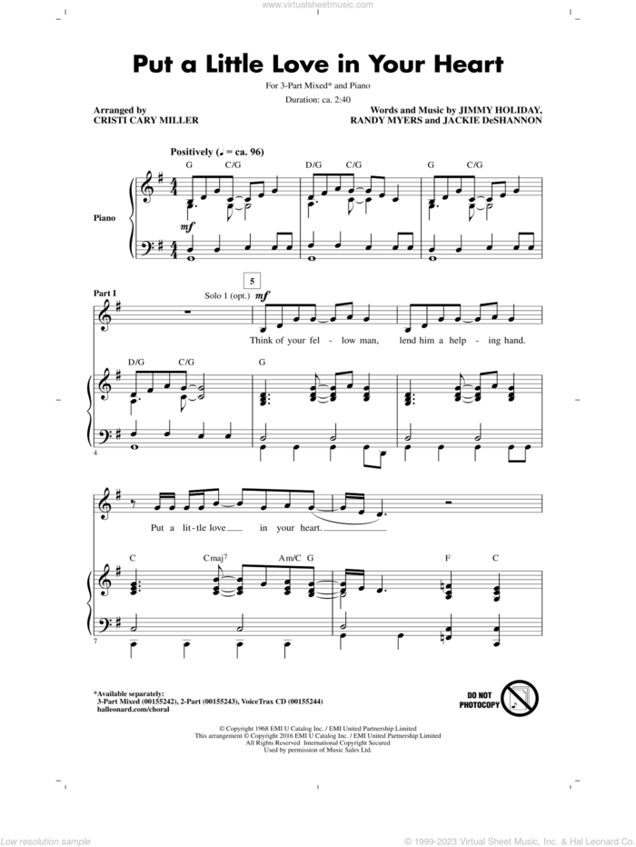 Put A Little Love In Your Heart sheet music for choir (3-Part Mixed) by Jimmy Holiday, Cristi Cary Miller, Jackie DeShannon, Jacki De Shannon and Randy Myers, intermediate skill level