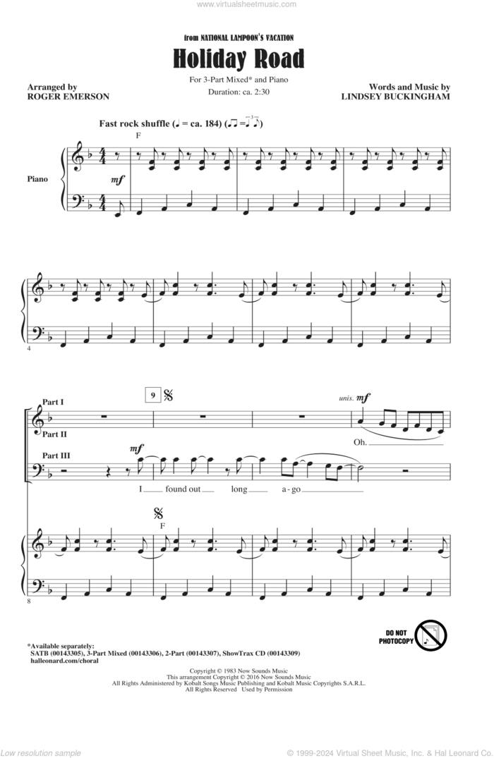 Holiday Road (arr. Roger Emerson) sheet music for choir (3-Part Mixed) by Lindsey Buckingham and Roger Emerson, intermediate skill level