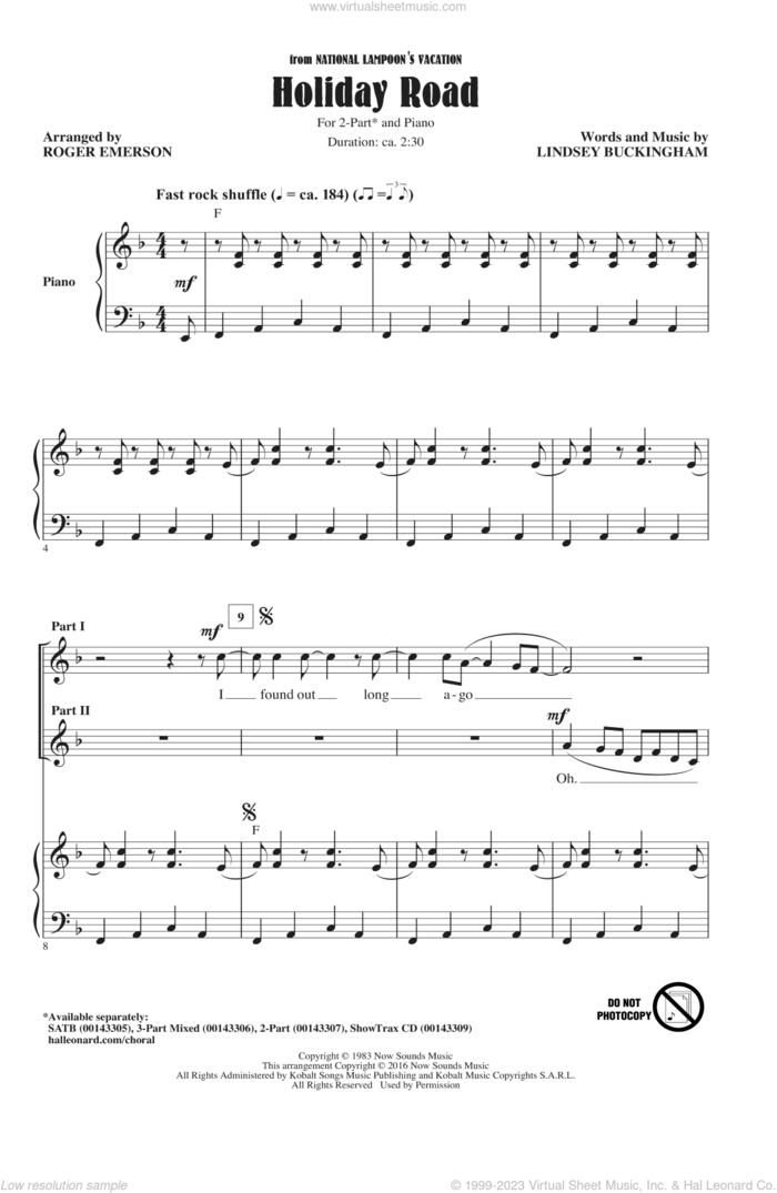 Holiday Road sheet music for choir (2-Part) by Lindsey Buckingham and Roger Emerson, intermediate duet