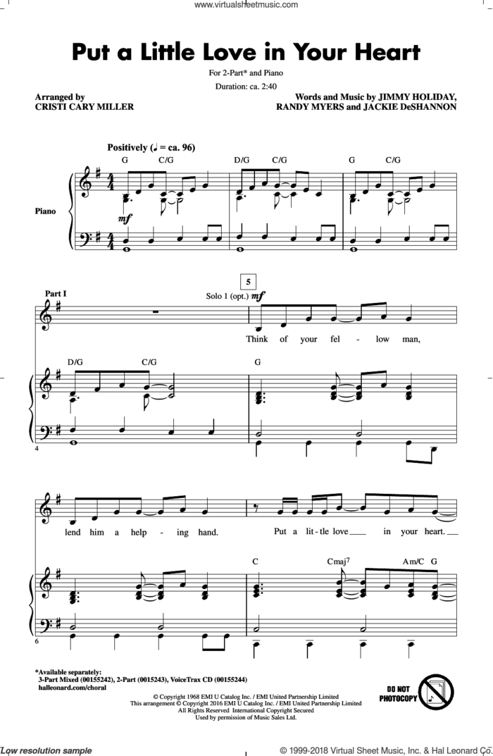 Put A Little Love In Your Heart (arr. Cristi Cary Miller) sheet music for choir (2-Part) by Cristi Cary Miller, Jackie DeShannon, Jacki De Shannon, Jimmy Holiday and Randy Myers, intermediate duet