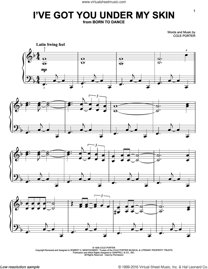 I've Got You Under My Skin sheet music for piano solo by Cole Porter, easy skill level