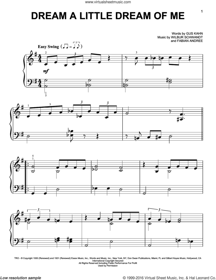 Dream A Little Dream Of Me, (easy) sheet music for piano solo by The Mamas & The Papas, Fabian Andree, Gus Kahn and Wilbur Schwandt, easy skill level