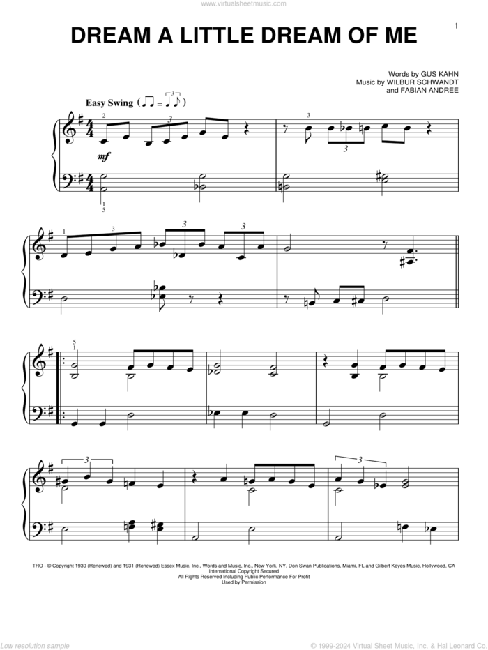 Dream A Little Dream Of Me, (easy) sheet music for piano solo by The Mamas & The Papas, Fabian Andree, Gus Kahn and Wilbur Schwandt, easy skill level