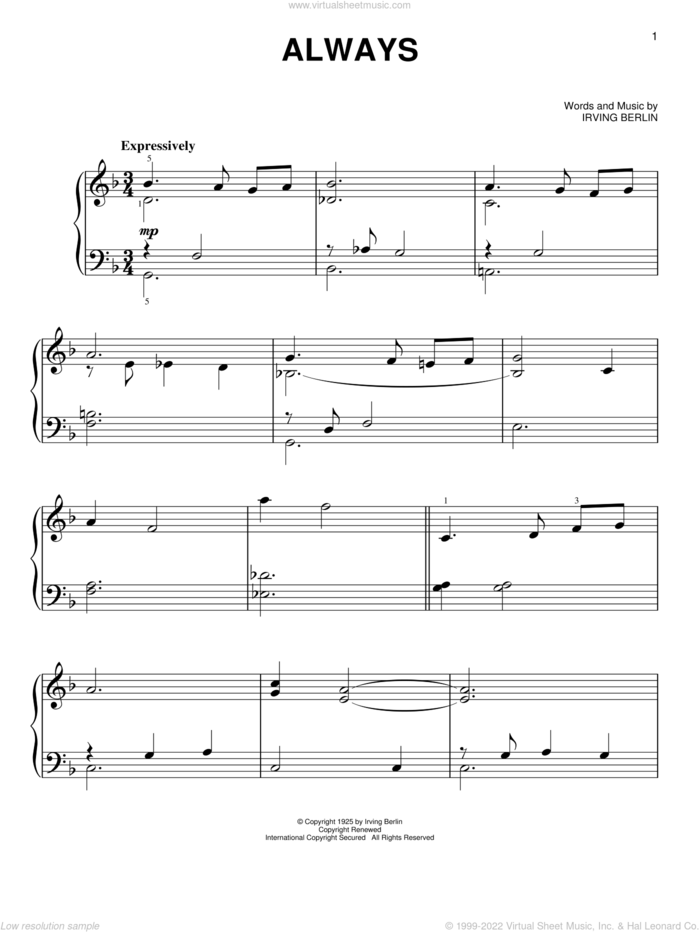 Always, (easy) sheet music for piano solo by Irving Berlin, Billie Holiday, Frank Sinatra and Patsy Cline, wedding score, easy skill level