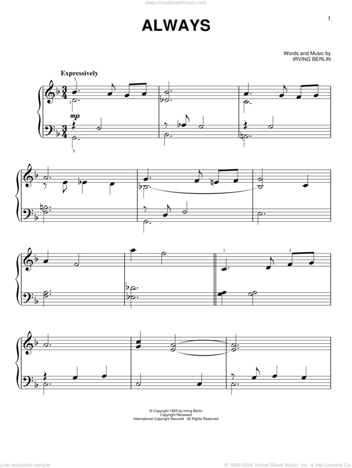 Always, (easy) sheet music for piano solo by Irving Berlin, Billie Holiday, Frank Sinatra and Patsy Cline, wedding score, easy skill level