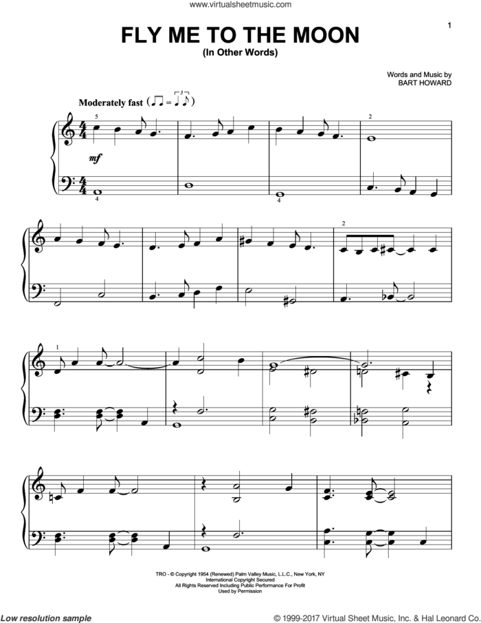 Fly Me To The Moon (In Other Words), (easy) sheet music for piano solo by Frank Sinatra, Tony Bennett and BART HOWARD, wedding score, easy skill level