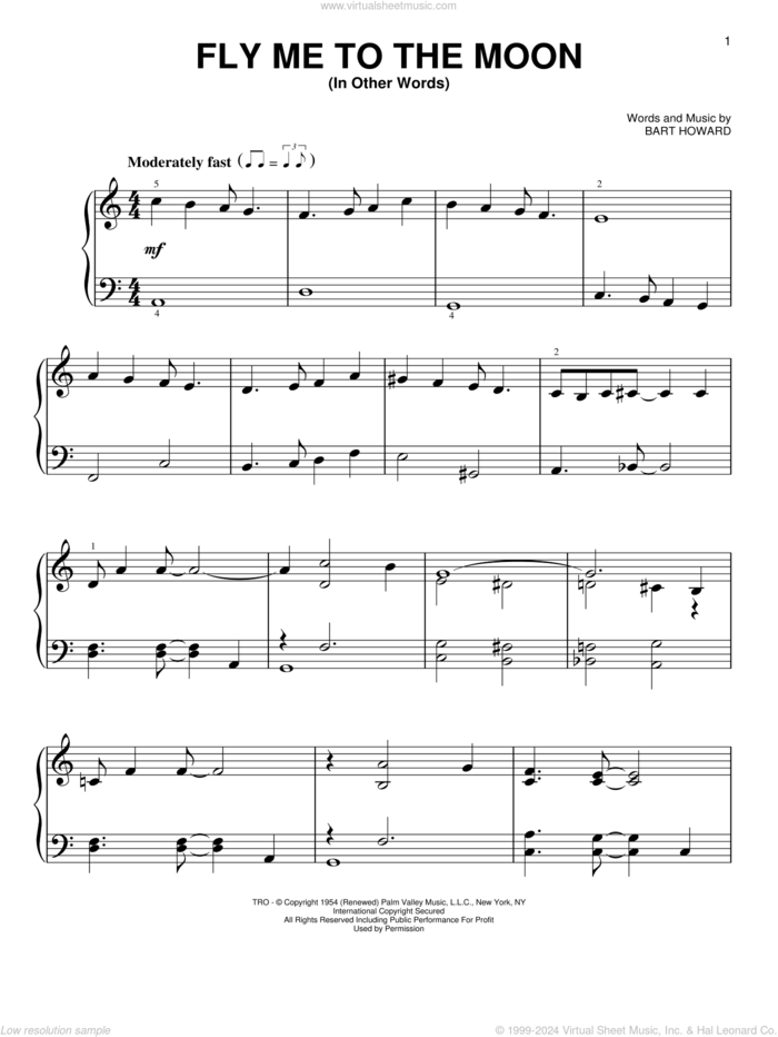 Fly Me To The Moon (In Other Words), (easy) sheet music for piano solo by Frank Sinatra, Tony Bennett and BART HOWARD, wedding score, easy skill level