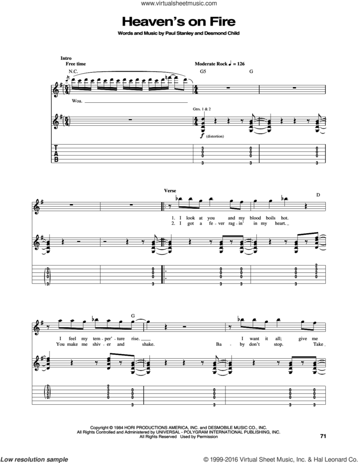 Heaven's On Fire sheet music for guitar (tablature) by KISS, Desmond Child and Paul Stanley, intermediate skill level