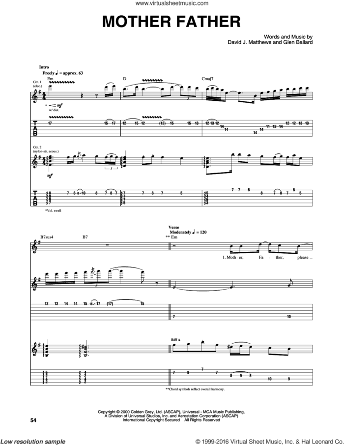 Mother Father sheet music for guitar (tablature) by Dave Matthews Band and Glen Ballard, intermediate skill level