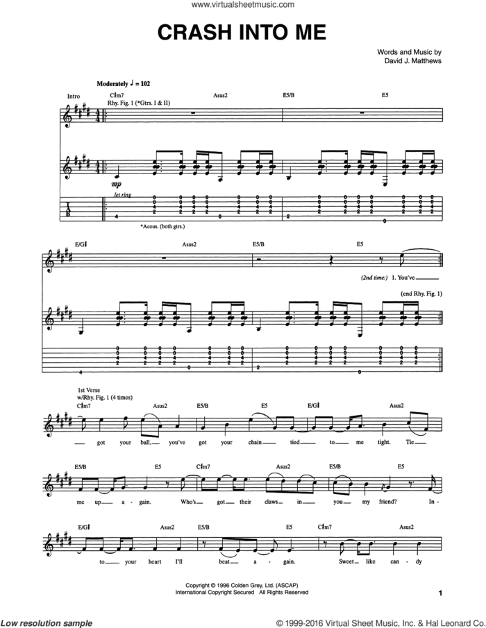 Crash Into Me sheet music for guitar (tablature) by Dave Matthews Band, intermediate skill level