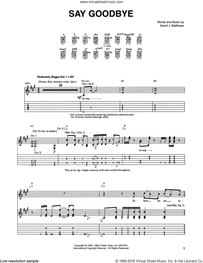 Say Goodbye sheet music for guitar (tablature) by Dave Matthews Band, intermediate skill level
