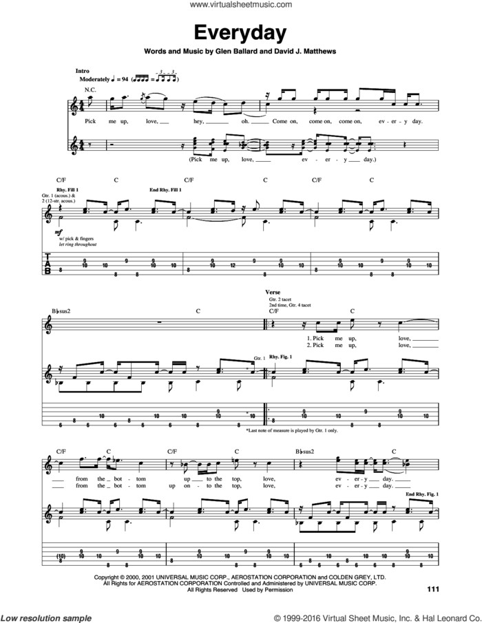 Everyday sheet music for guitar (tablature) by Dave Matthews Band and Glen Ballard, intermediate skill level
