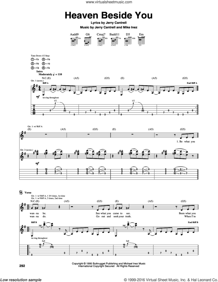 Heaven Beside You sheet music for guitar (tablature) by Alice In Chains, Jerry Cantrell and Mike Inez, intermediate skill level