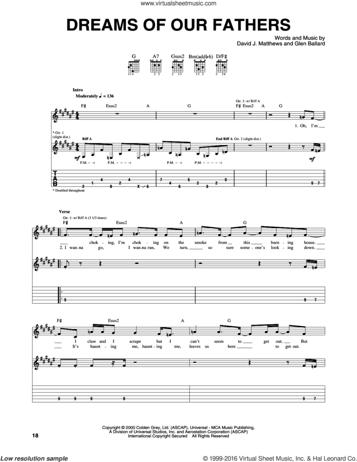 Dreams Of Our Fathers sheet music for guitar (tablature) by Dave Matthews Band and Glen Ballard, intermediate skill level