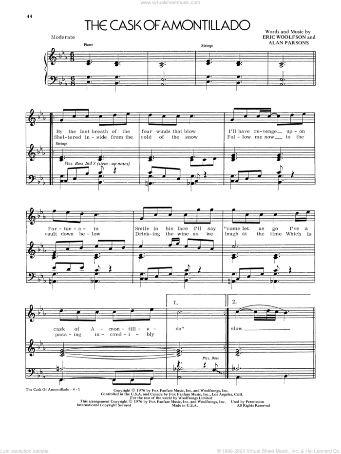 The Cask Of Amontillado sheet music for voice and piano by Alan Parsons Project, Alan Parsons and Eric Woolfson, intermediate skill level