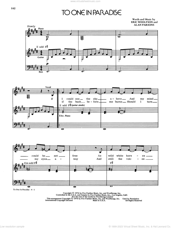 To One In Paradise sheet music for voice and piano by Alan Parsons Project, Alan Parsons and Eric Woolfson, intermediate skill level