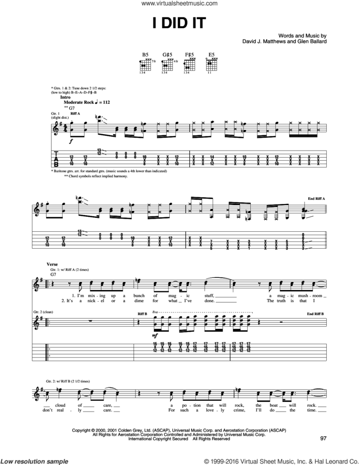 I Did It sheet music for guitar (tablature) by Dave Matthews Band and Glen Ballard, intermediate skill level