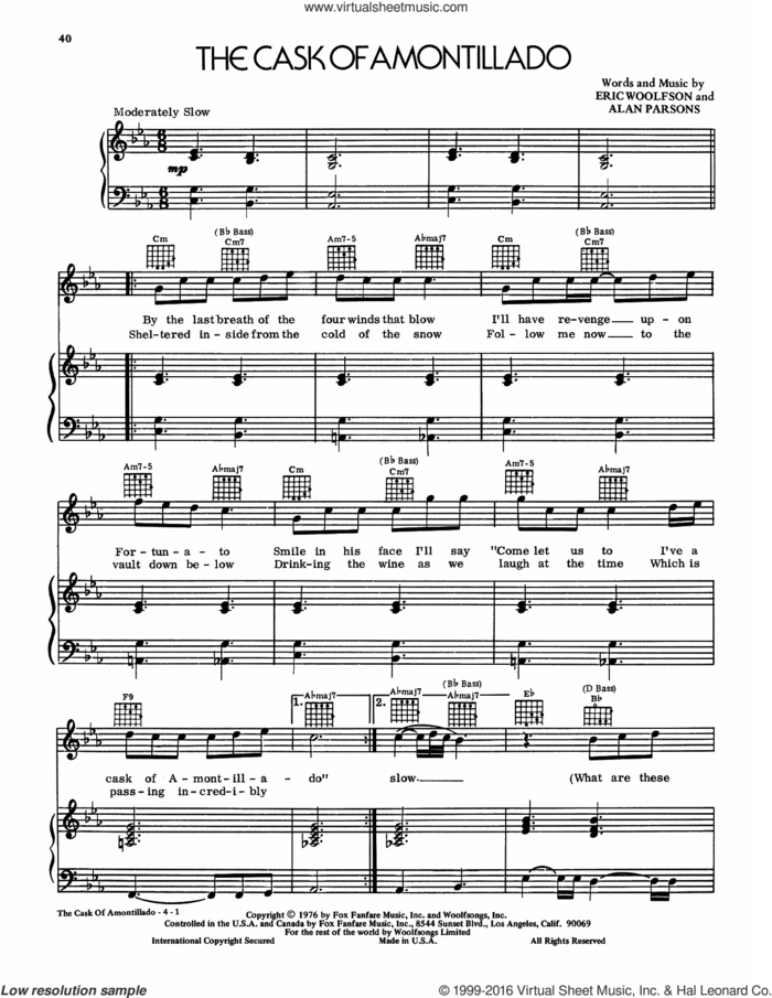 The Cask Of Amontillado sheet music for voice, piano or guitar by Alan Parsons Project, Alan Parsons and Eric Woolfson, intermediate skill level