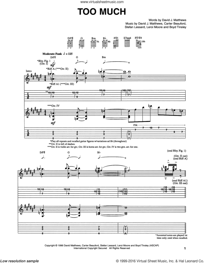 Too Much sheet music for guitar (tablature) by Dave Matthews Band, Boyd Tinsley, Carter Beauford, Leroi Moore and Stefan Lessard, intermediate skill level