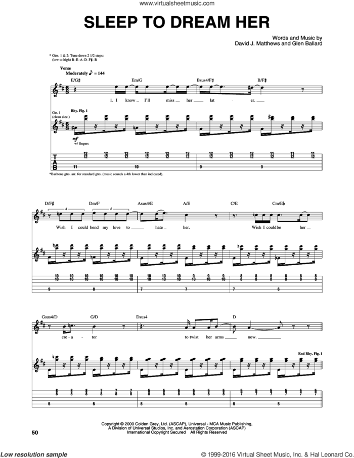 Sleep To Dream Her sheet music for guitar (tablature) by Dave Matthews Band and Glen Ballard, intermediate skill level