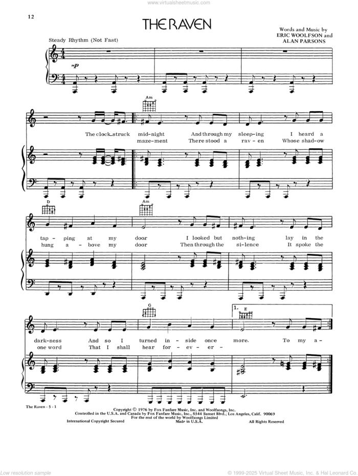 The Raven sheet music for voice, piano or guitar by Alan Parsons Project, Alan Parsons and Eric Woolfson, intermediate skill level