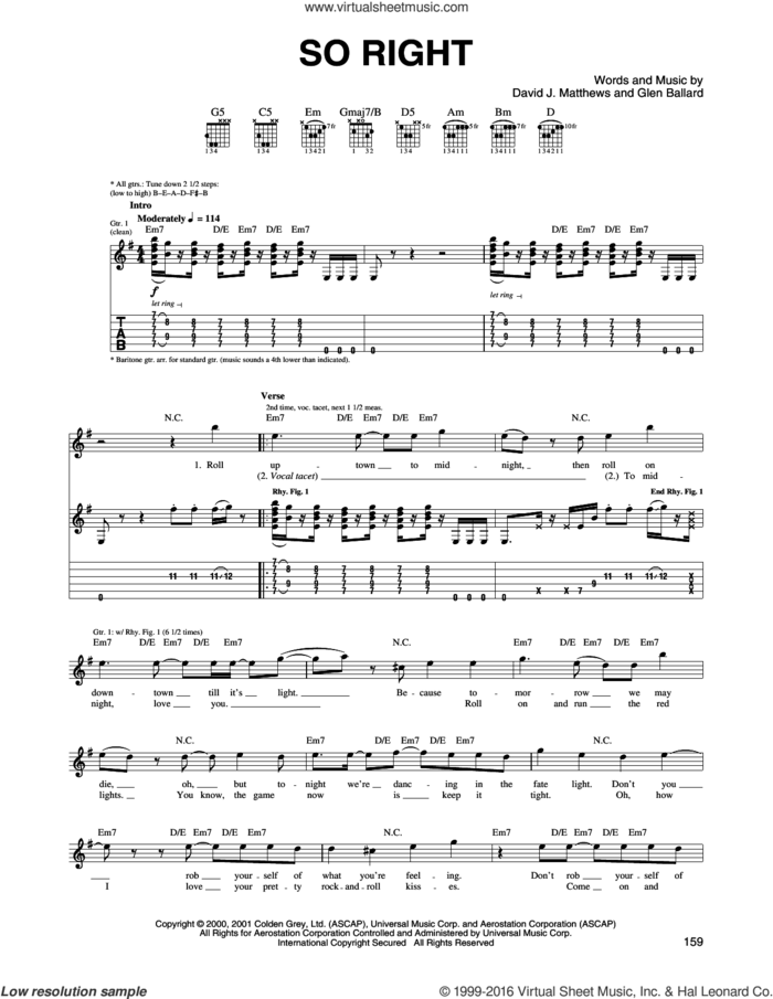 So Right sheet music for guitar (tablature) by Glen Ballard and Dave Matthews Band, intermediate skill level