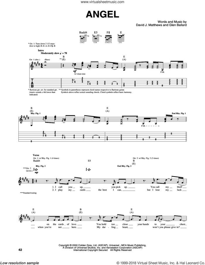Angel sheet music for guitar (tablature) by Glen Ballard and Dave Matthews Band, intermediate skill level
