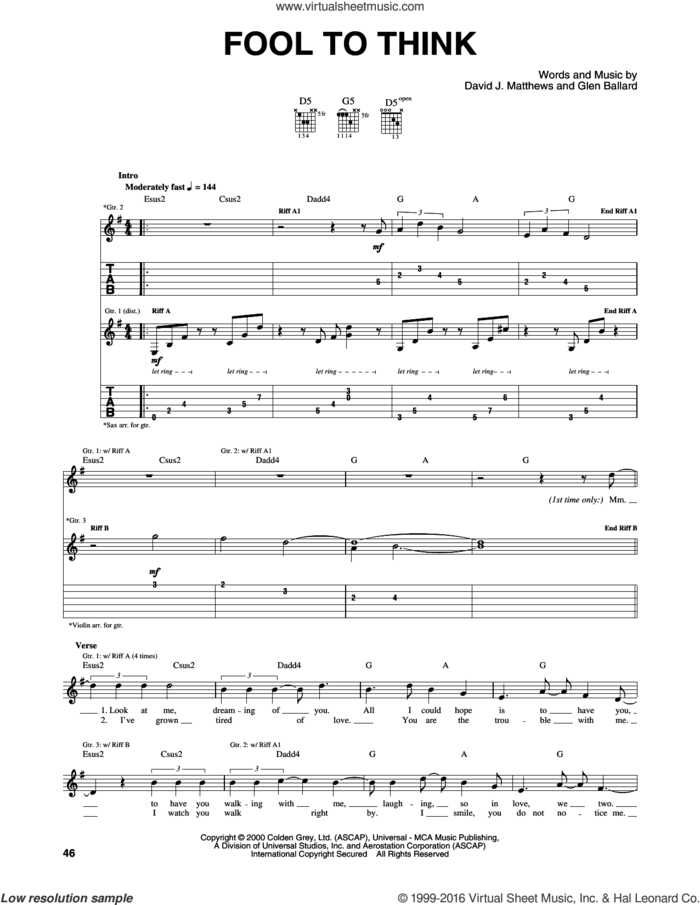 Fool To Think sheet music for guitar (tablature) by Dave Matthews Band and Glen Ballard, intermediate skill level