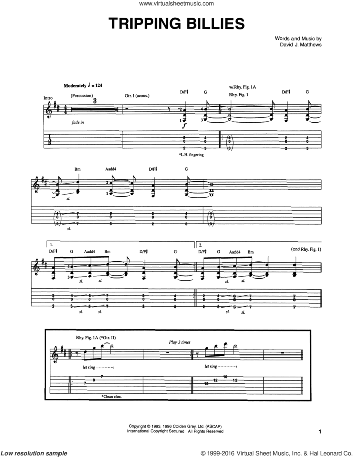 Tripping Billies sheet music for guitar (tablature) by Dave Matthews Band, intermediate skill level