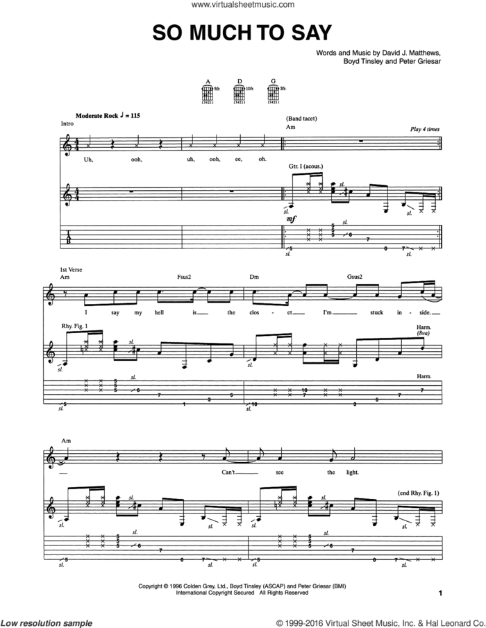 So Much To Say sheet music for guitar (tablature) by Dave Matthews Band, Boyd Tinsley and Peter Griesar, intermediate skill level