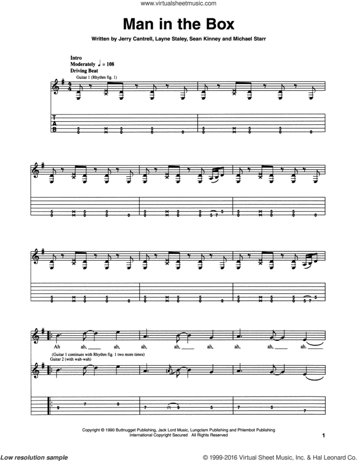 Man In The Box sheet music for guitar (tablature) by Alice In Chains, Jerry Cantrell, Layne Staley, Michael Starr and Sean Kinney, intermediate skill level