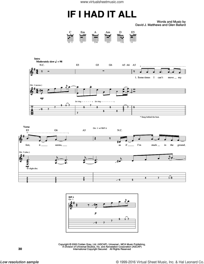 If I Had It All sheet music for guitar (tablature) by Dave Matthews Band and Glen Ballard, intermediate skill level