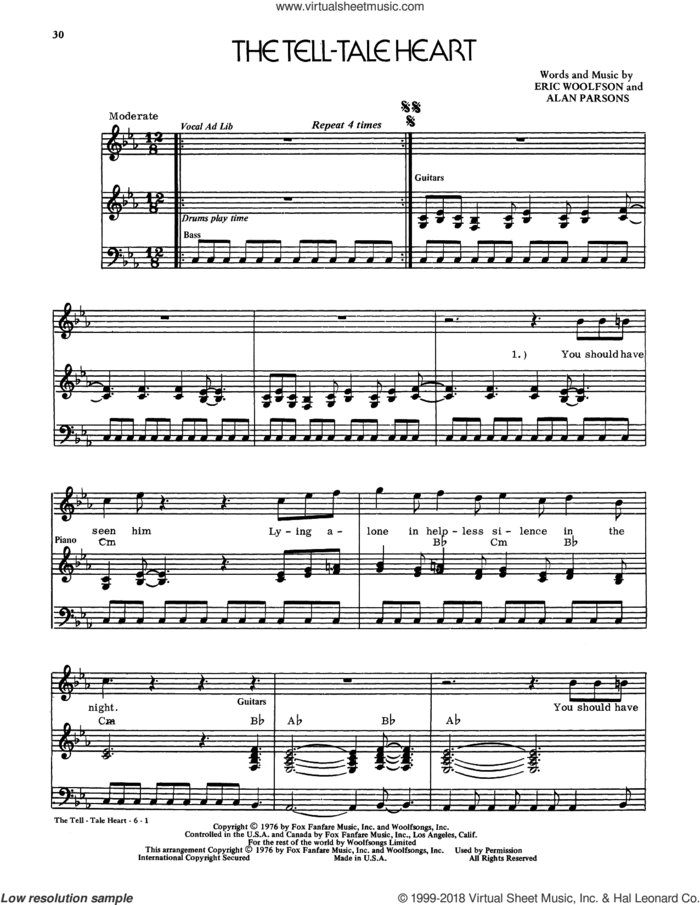 The Tell-Tale Heart sheet music for voice and piano by Eric Woolfson and Alan Parsons Project and Alan Parsons, intermediate skill level