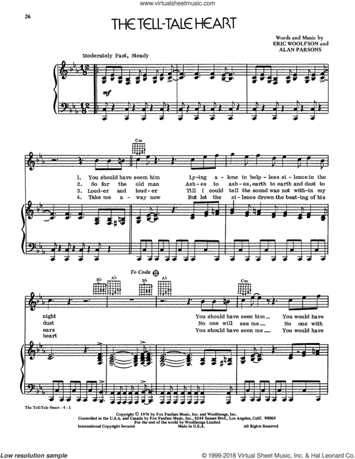 The Tell-Tale Heart sheet music for voice, piano or guitar by Eric Woolfson and Alan Parsons Project and Alan Parsons, intermediate skill level