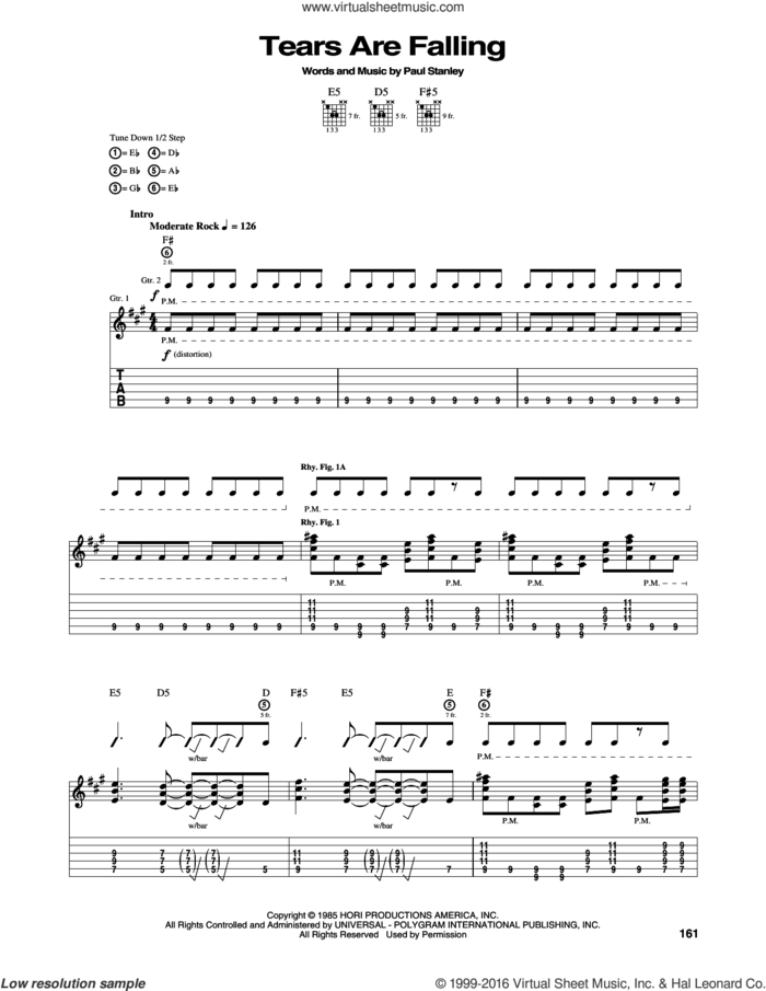 Tears Are Falling sheet music for guitar (tablature) by KISS and Paul Stanley, intermediate skill level