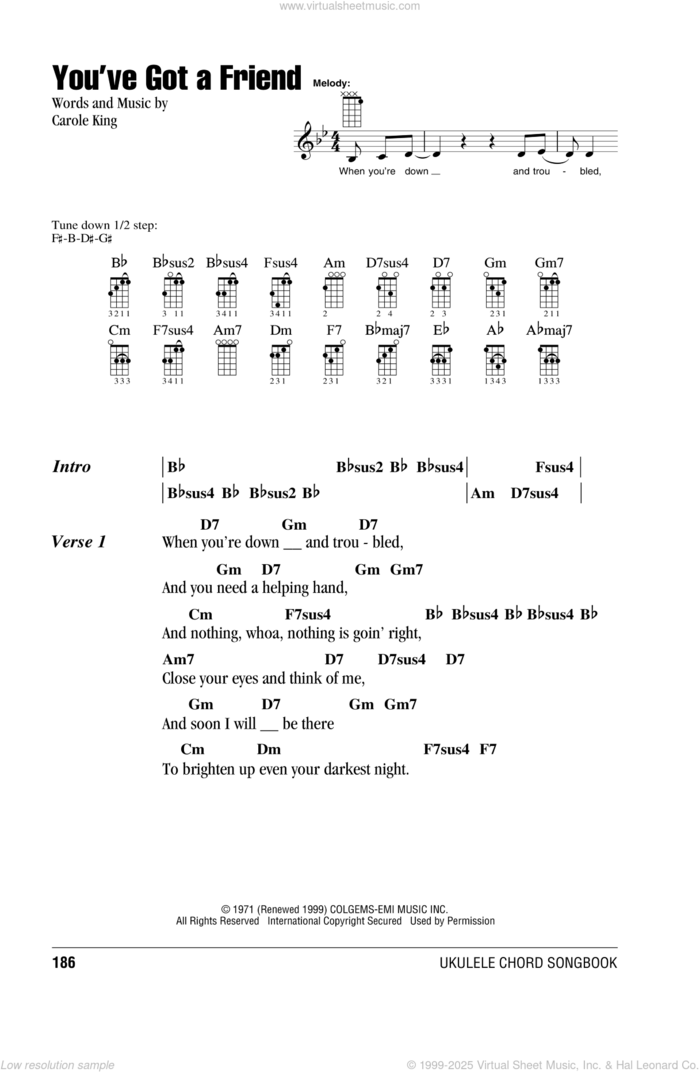 You've Got A Friend sheet music for ukulele (chords) by James Taylor and Carole King, intermediate skill level