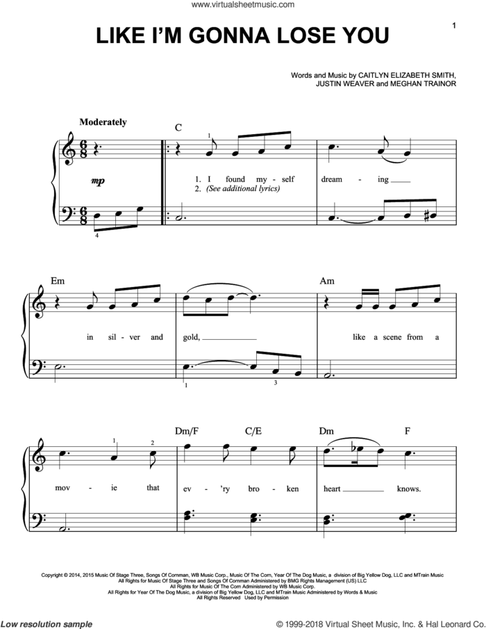 Like I'm Gonna Lose You sheet music for piano solo by Meghan Trainor, Caitlyn Elizabeth Smith and Justin Weaver, beginner skill level