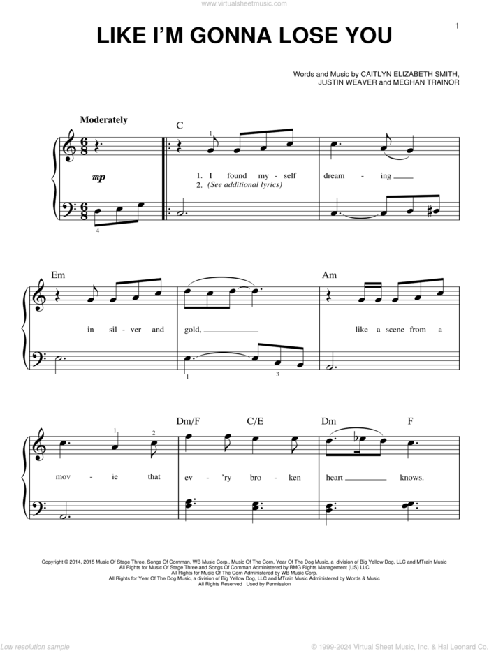 Like I'm Gonna Lose You sheet music for piano solo by Meghan Trainor, Caitlyn Elizabeth Smith and Justin Weaver, beginner skill level