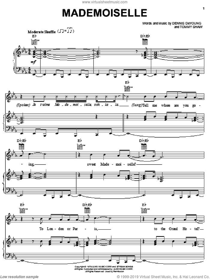 Mademoiselle sheet music for voice, piano or guitar by Styx, Dennis DeYoung and Tommy Shaw, intermediate skill level
